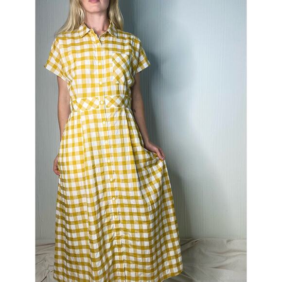 WHISTLES Illana Checkered Mustard & Cream Maxi Shirt Dress US 8 - Picture 3 of 11